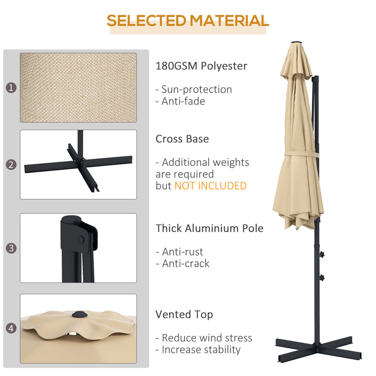10FT Khaki Aluminum Cantilever Umbrella with 360° Rotation