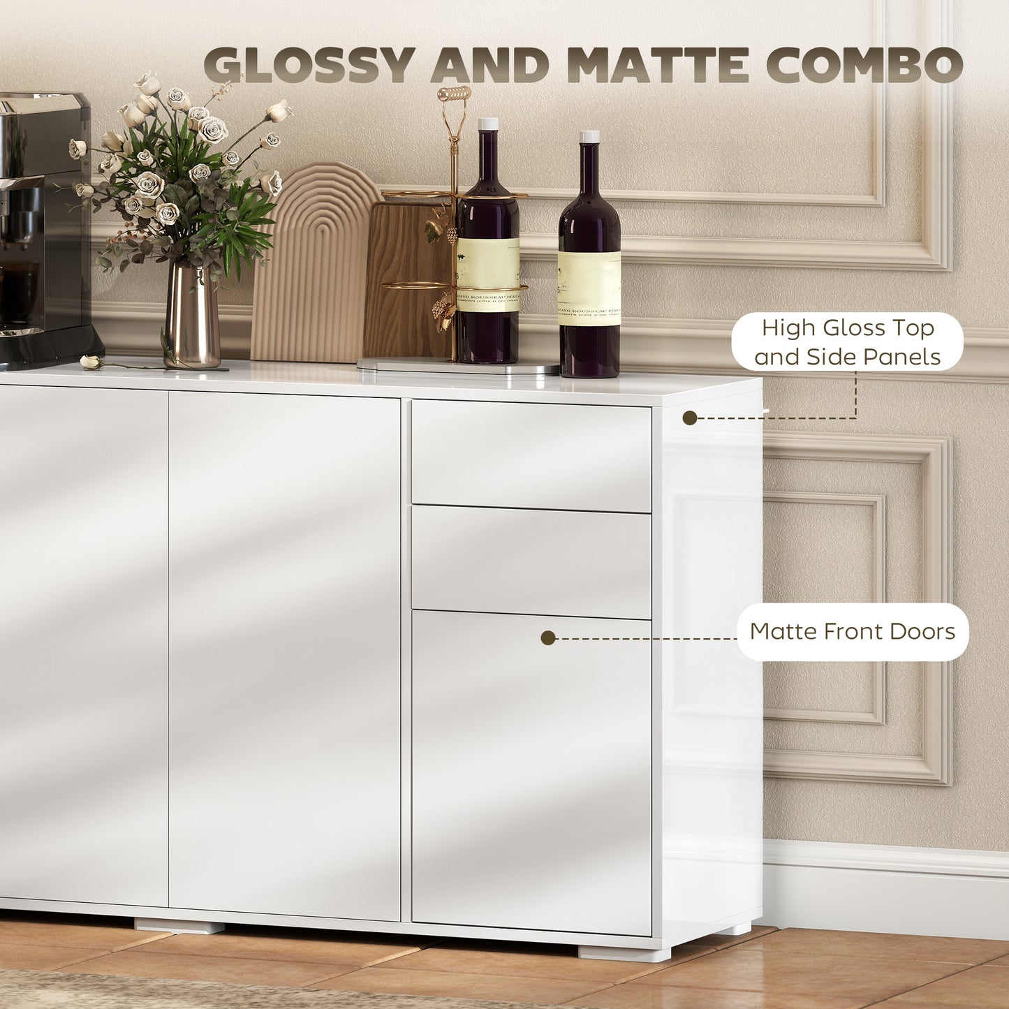 Kitchen Sideboard Storage Cabinet, Modern Coffee Bar Cabinet with Push-Open Design and 2 Drawers for Living Room, White