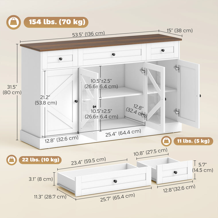 54" Farmhouse Sideboard Cabinet with Acrylic Barn Doors - White Wood Grain