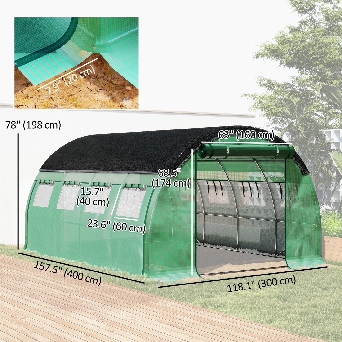 Walk-in Tunnel Greenhouse, Plant Hot House with Sunshade Net, Roll-up Mesh Sidewalls, 2 Doors