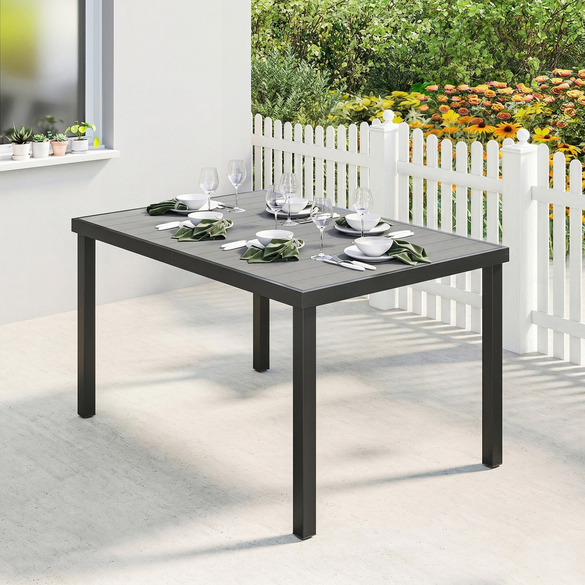 Rectangular Patio Table for 6, Outdoor Dining Table with Wood-Plastic Composite Top and Steel Frame for Garden, Grey