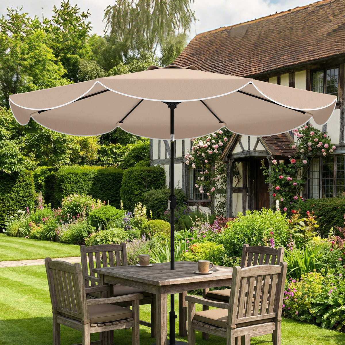 9' x 9' Khaki Round Market Umbrella with Valance & Tilt Crank