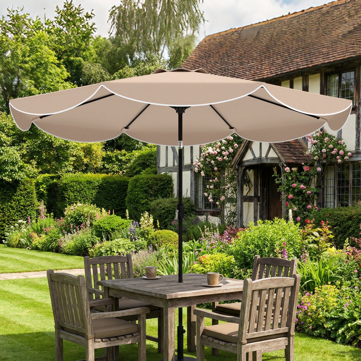 9' x 9' Khaki Round Market Umbrella with Valance & Tilt Crank