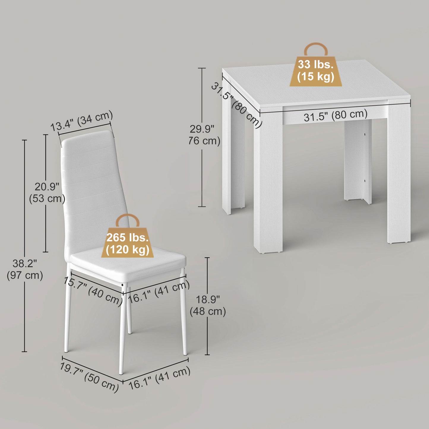 Dining Table Set for 2, Square Kitchen Table and Chairs, Dining Room Table and PU Leather Upholstered Chairs, White