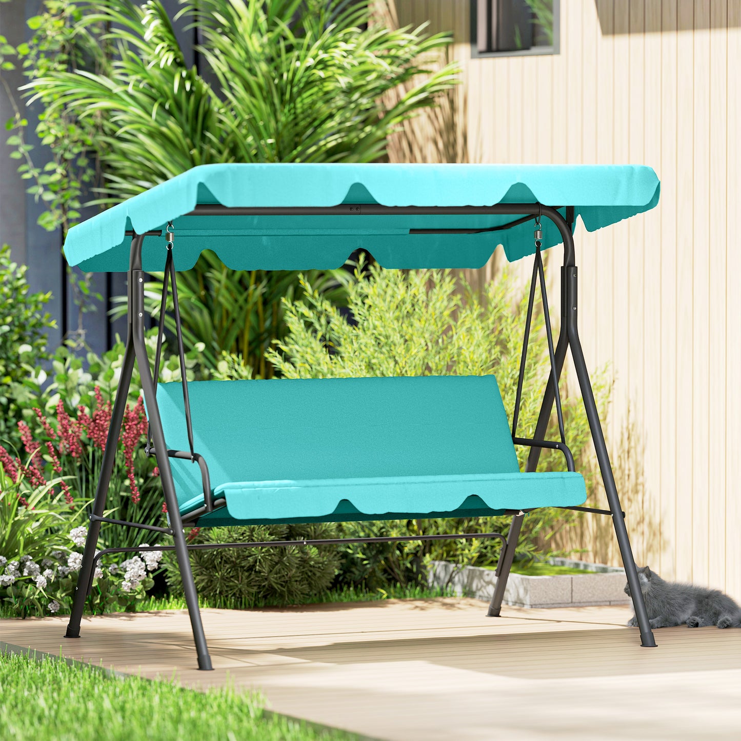 3-Seater Outdoor Porch Swing with Adjustable Canopy, Patio Swing Chair for Garden, Poolside, Backyard, Grey and White