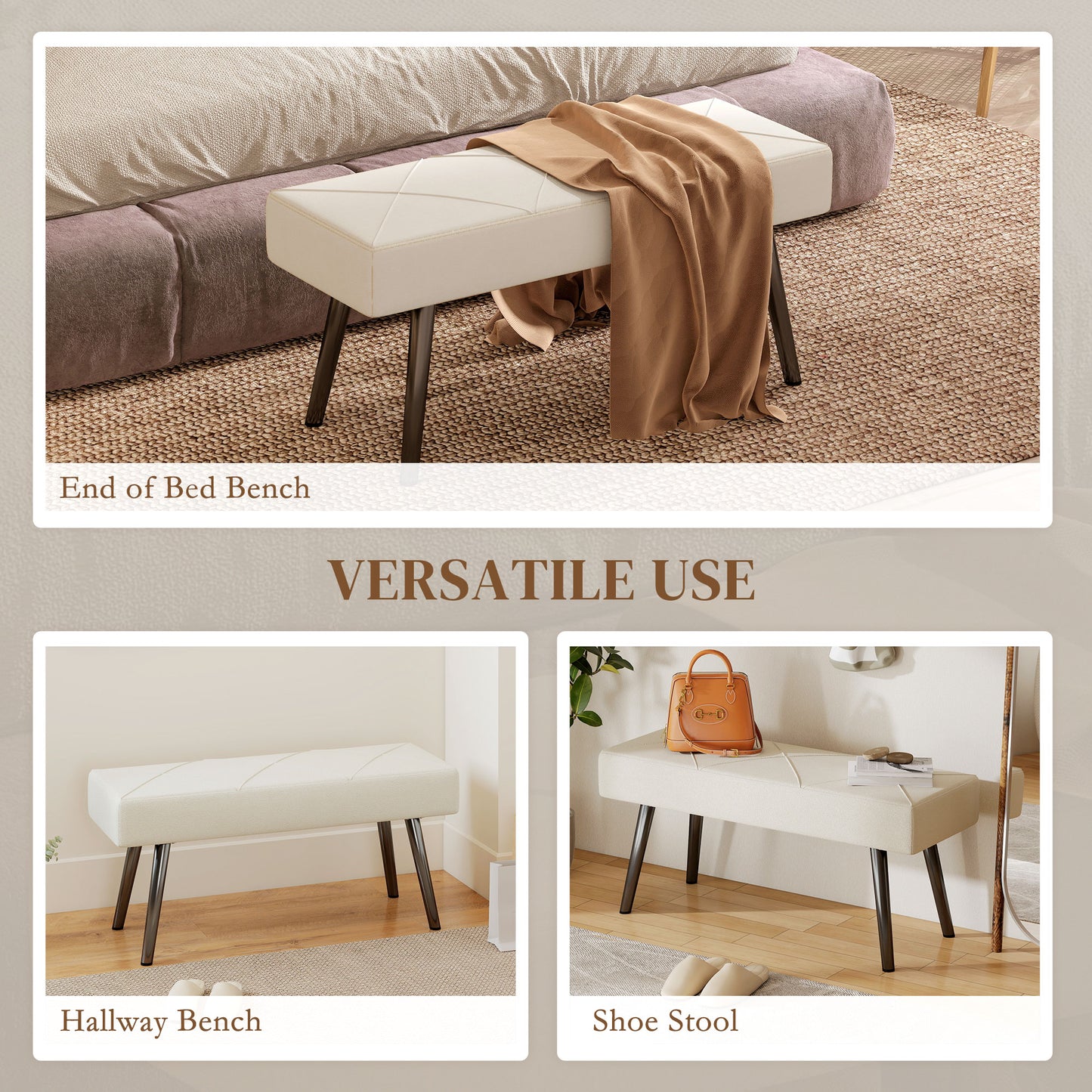 39 Inches Upholstered Bedroom Bench, Modern End of Bed Bench with Steel Legs, Cream White