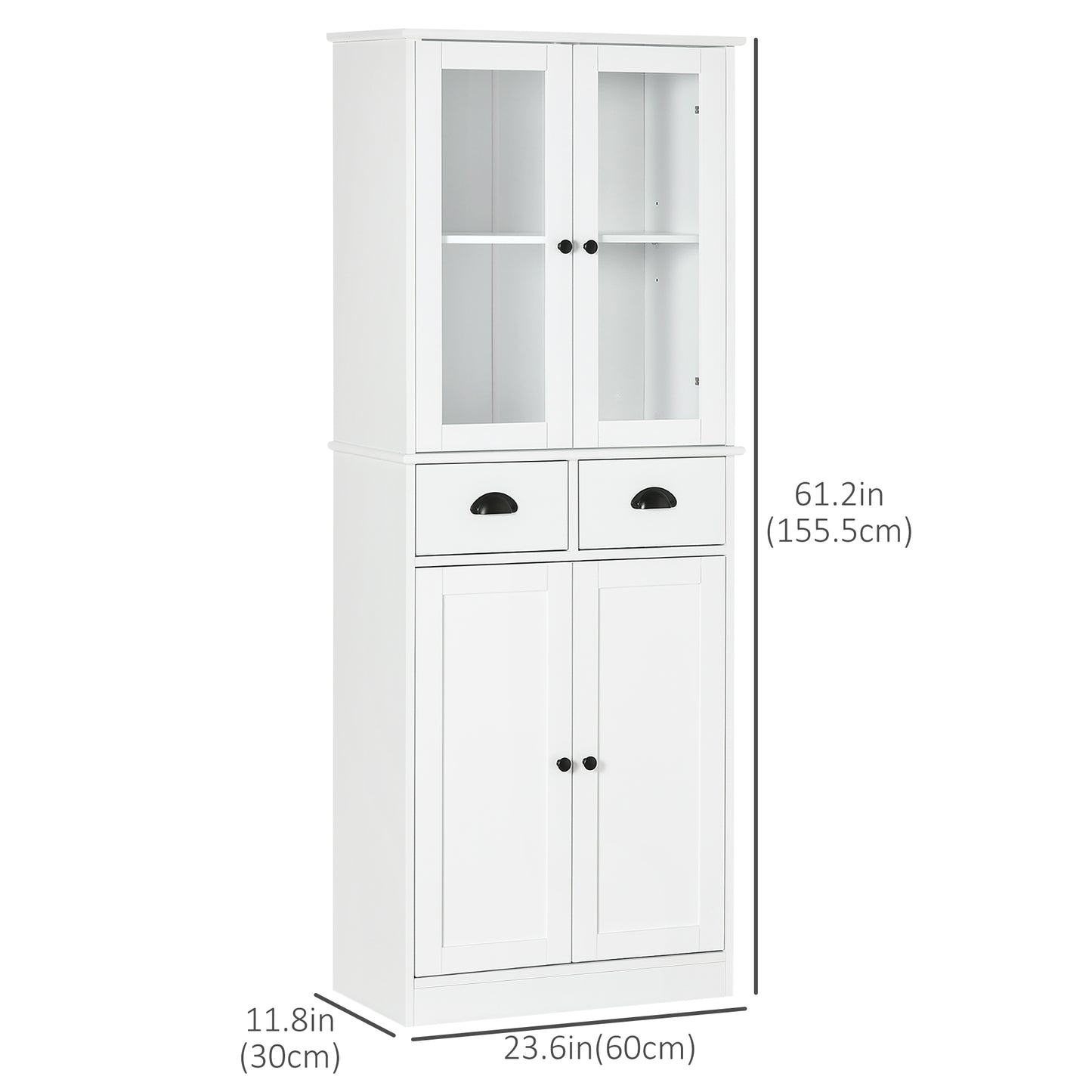 61" Kitchen Pantry Cabinet, Freestanding Farmhouse Buffet Storage Cabinet with Soft Close Glass Doors and Adjustable Shelves, White
