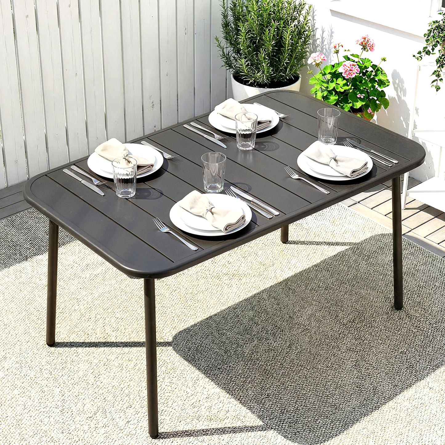 47" x 28" Outdoor Dining Table for 4, Rectangular Patio Table with Slatted Top and Rounded Edges, Grey
