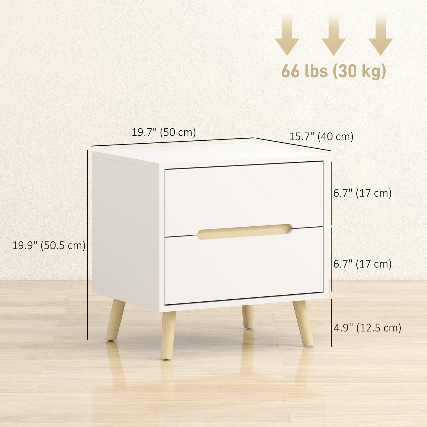 Nightstands Set of 2, Bedside Table with 2 Drawers, Modern Side End Table with Solid Wood Legs for Bedroom, White