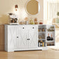 Sideboard Buffet Cabinet, Farmhouse Coffee Bar Cabinet with Door Shelves, Adjustable Shelves, Drawer, Barn Doors, White