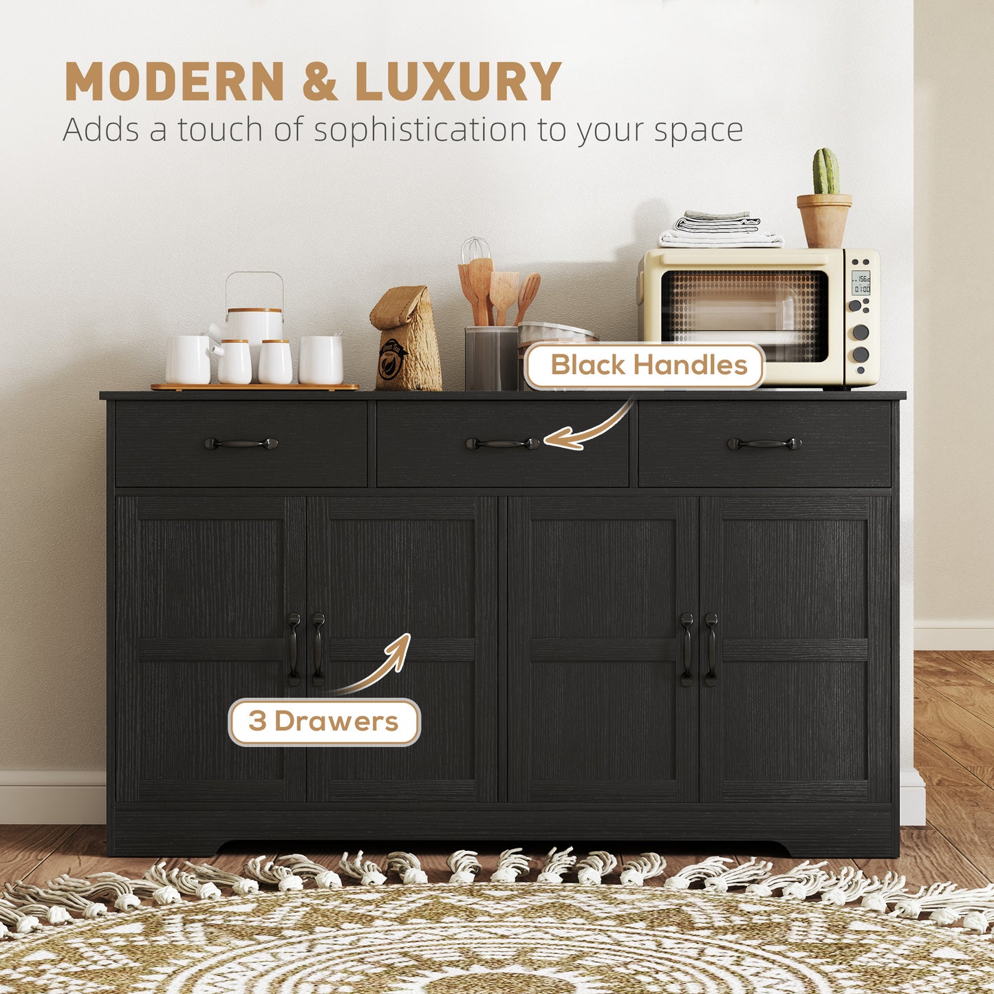 Sideboard Buffet Cabinet with Storage, Modern Coffee Bar Cabinet with 3 Drawers and Adjustable Shelves, Distressed Black