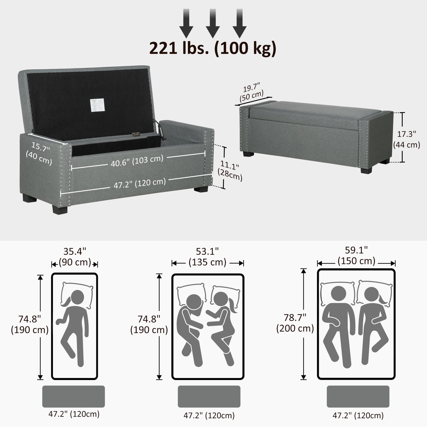 Upholstered Flip Top Storage Bench Fabric Ottoman for Bedroom, Living room, Light Grey
