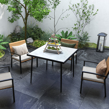 Square Dining Table for 4 with Marble-Effect Glass Top