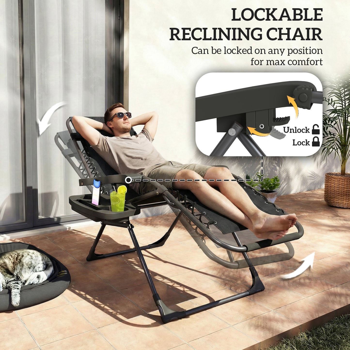 Zero Gravity Chair Set of 2, Folding Reclining Outdoor Lounge Chair with Cup Holder, Headrest, Black