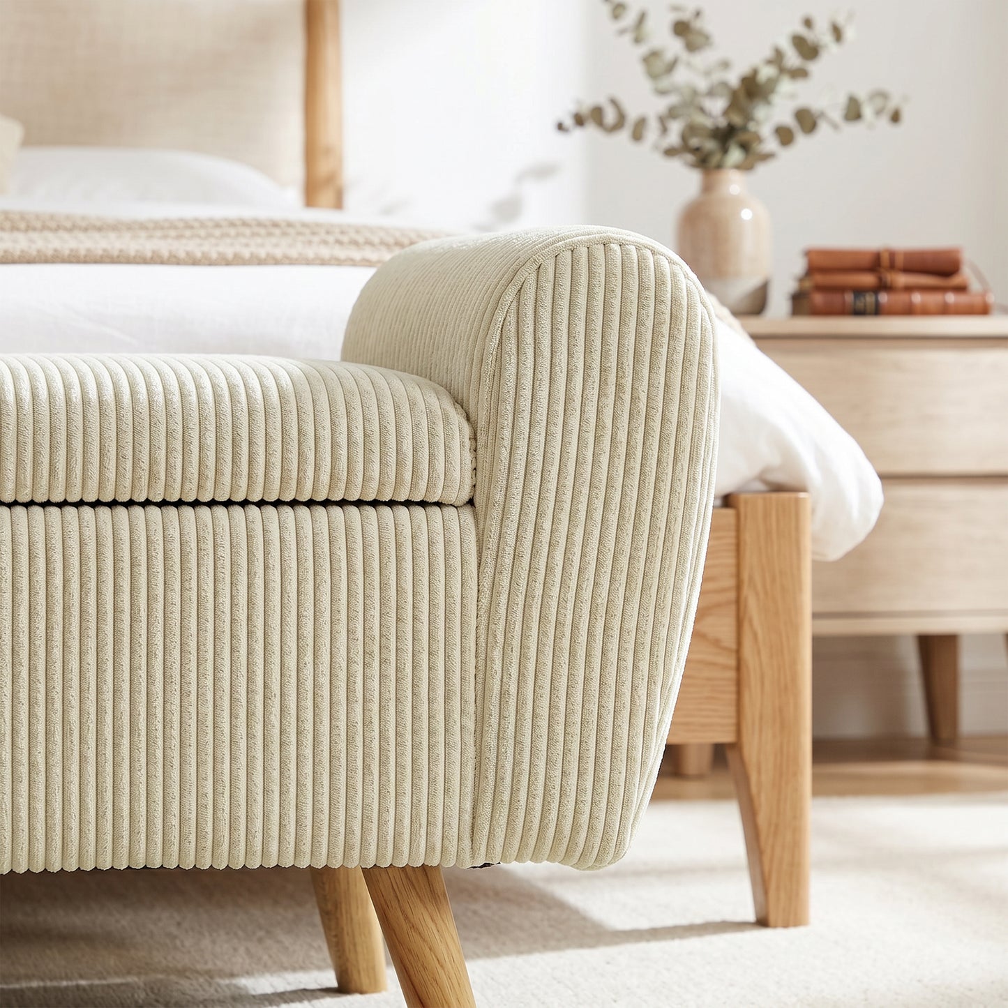 Storage Ottoman, 59" Corduroy End of Bed Storage Bench for King Size Bed with Wooden Legs and Rolled Arms, Beige