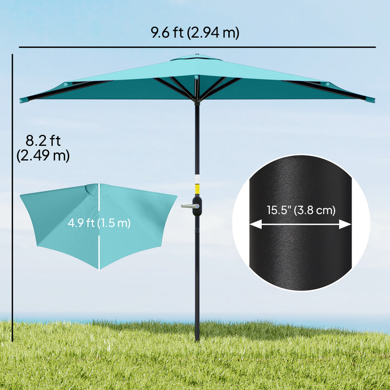 9.8' Light Blue Half-Round Patio Umbrella with Crank Handle