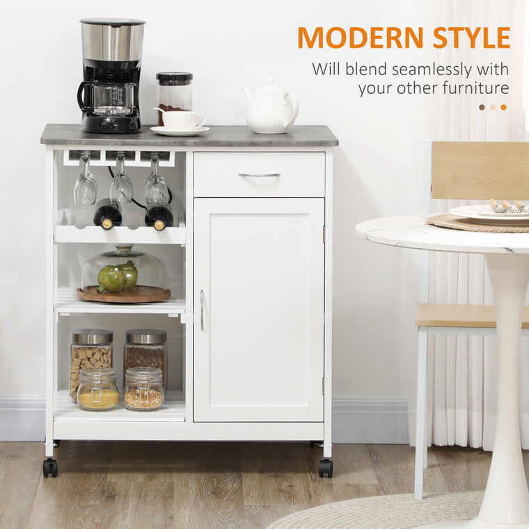 Rolling Kitchen Cart with Wine Rack and Marble Top - White