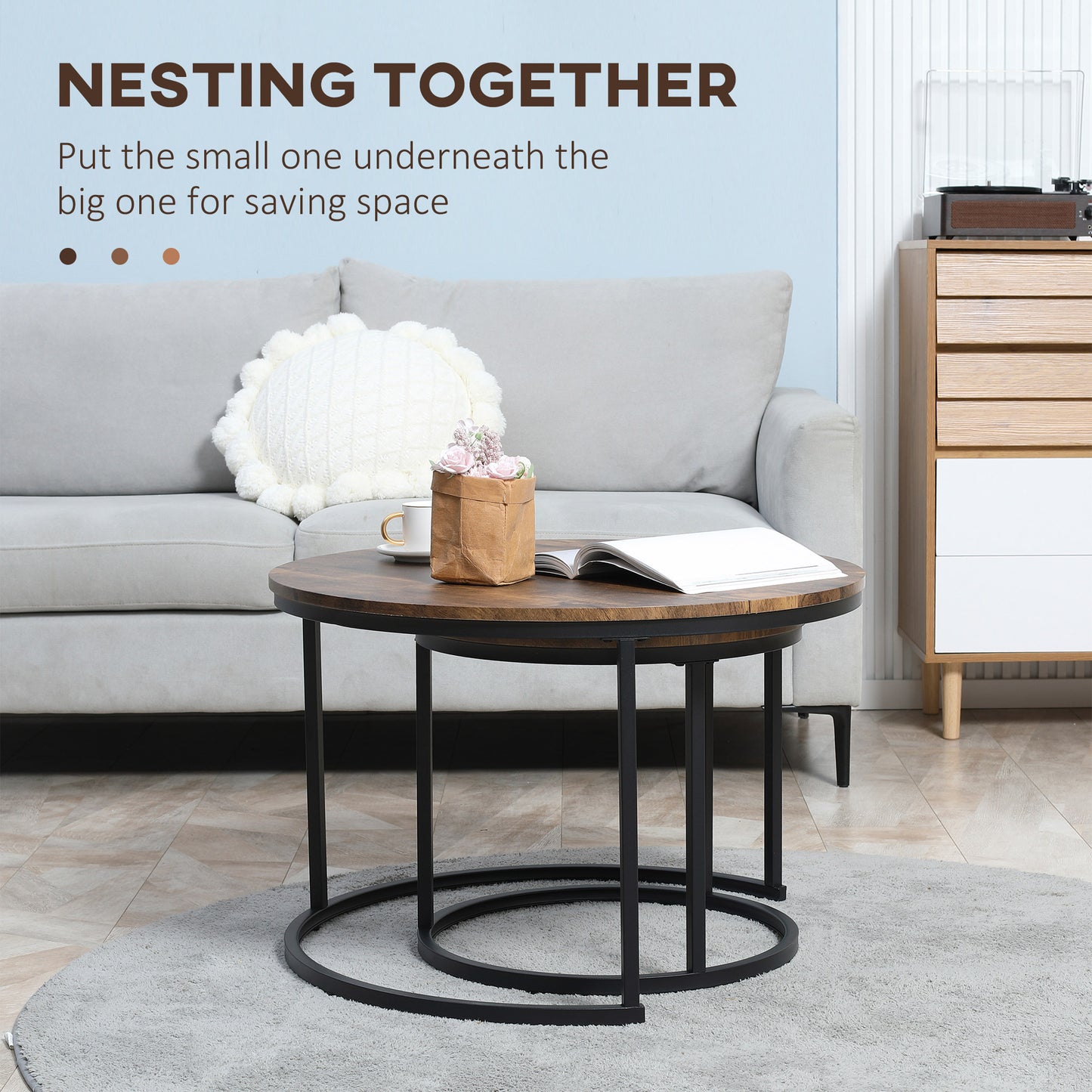 Nesting Tables, 29" Round Coffee Table Set of 2, Modern Side Tables for Living Room with Metal Base, Rustic Brown