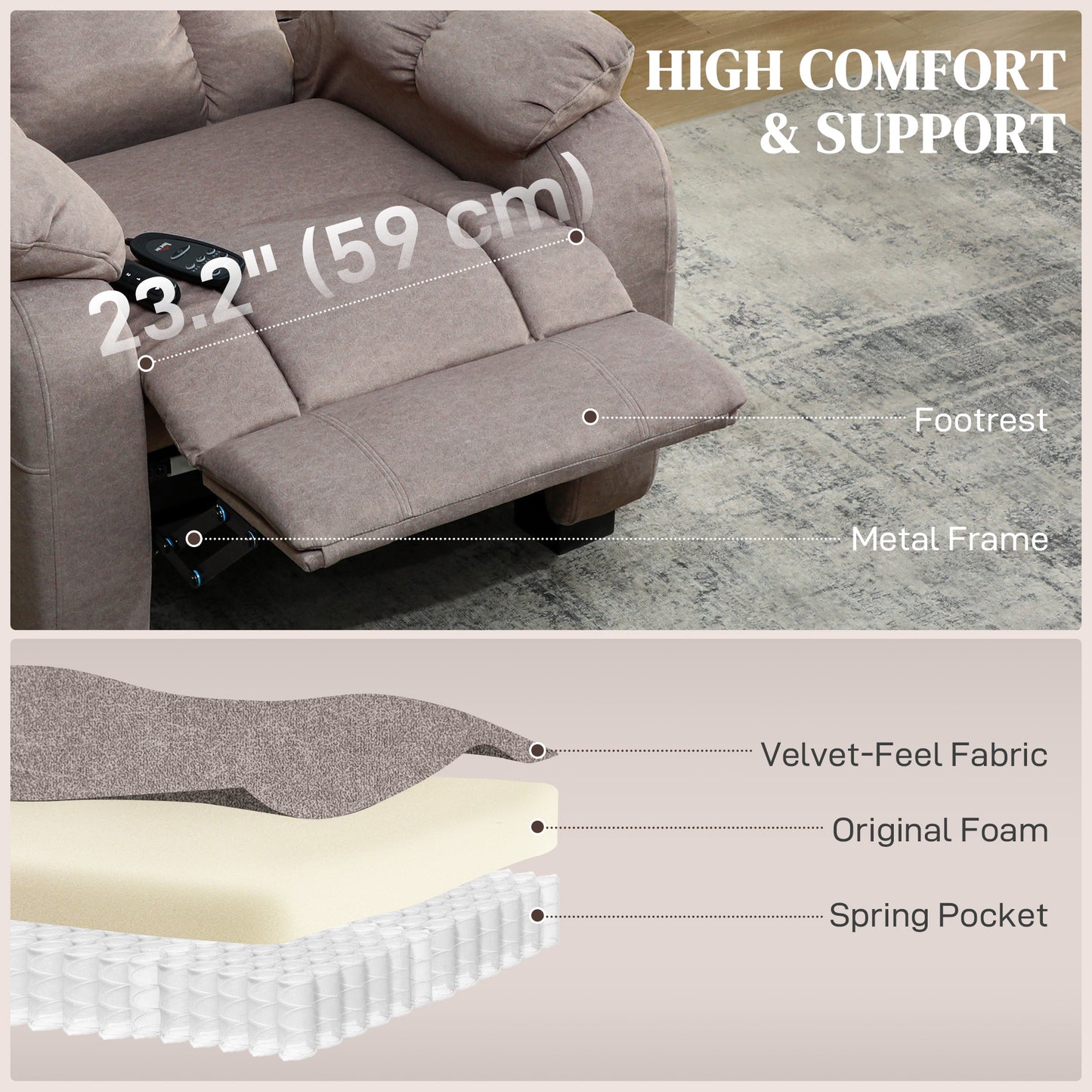 Massage Recliner Chair with Quiet Brushless Motor Pet-Friendly Fabric Power Recliner with 2 Memory Positions Brown