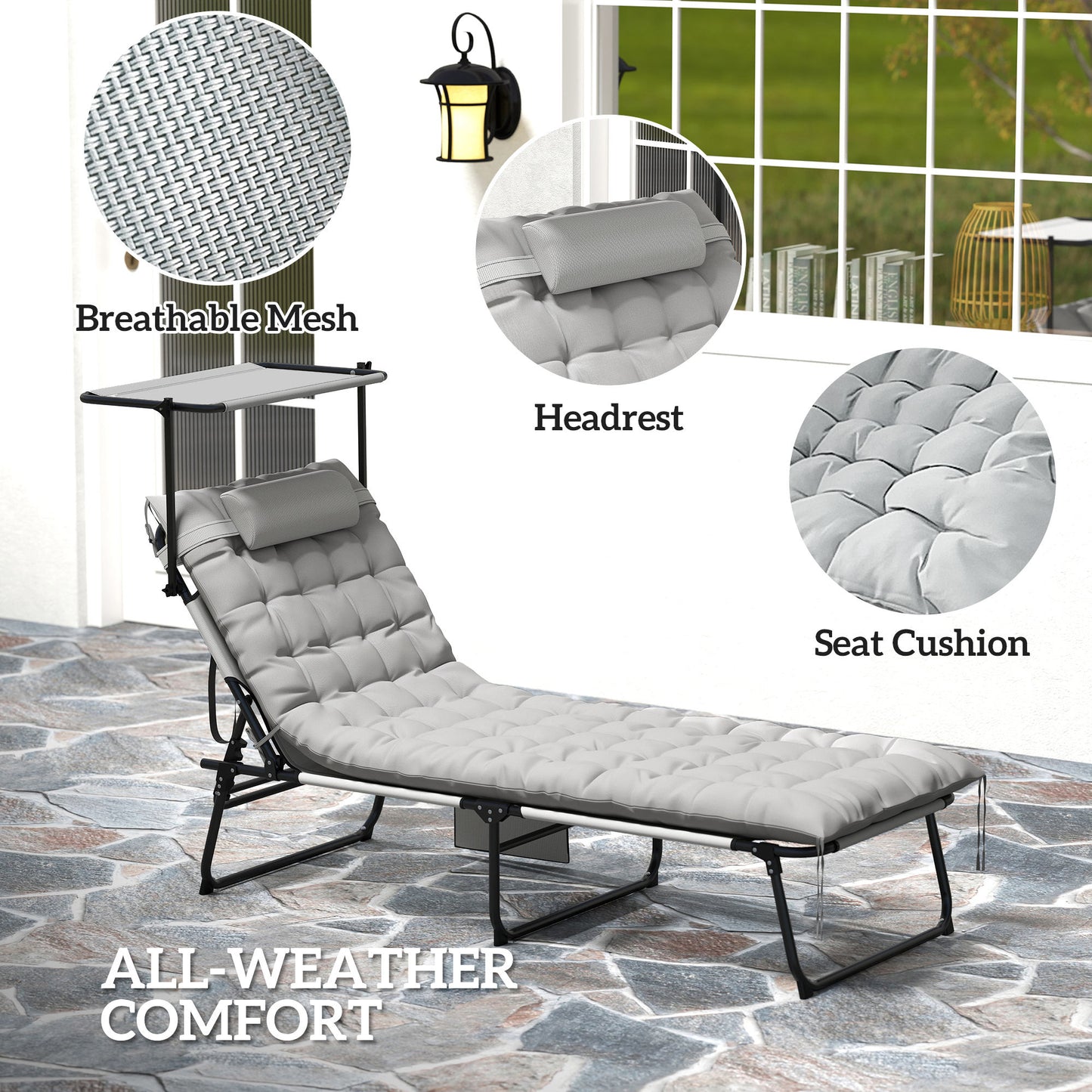 Folding Lounge Chair with Adjustable Canopy, 4-Position Outdoor Tanning Chair with Headrest, Light Grey