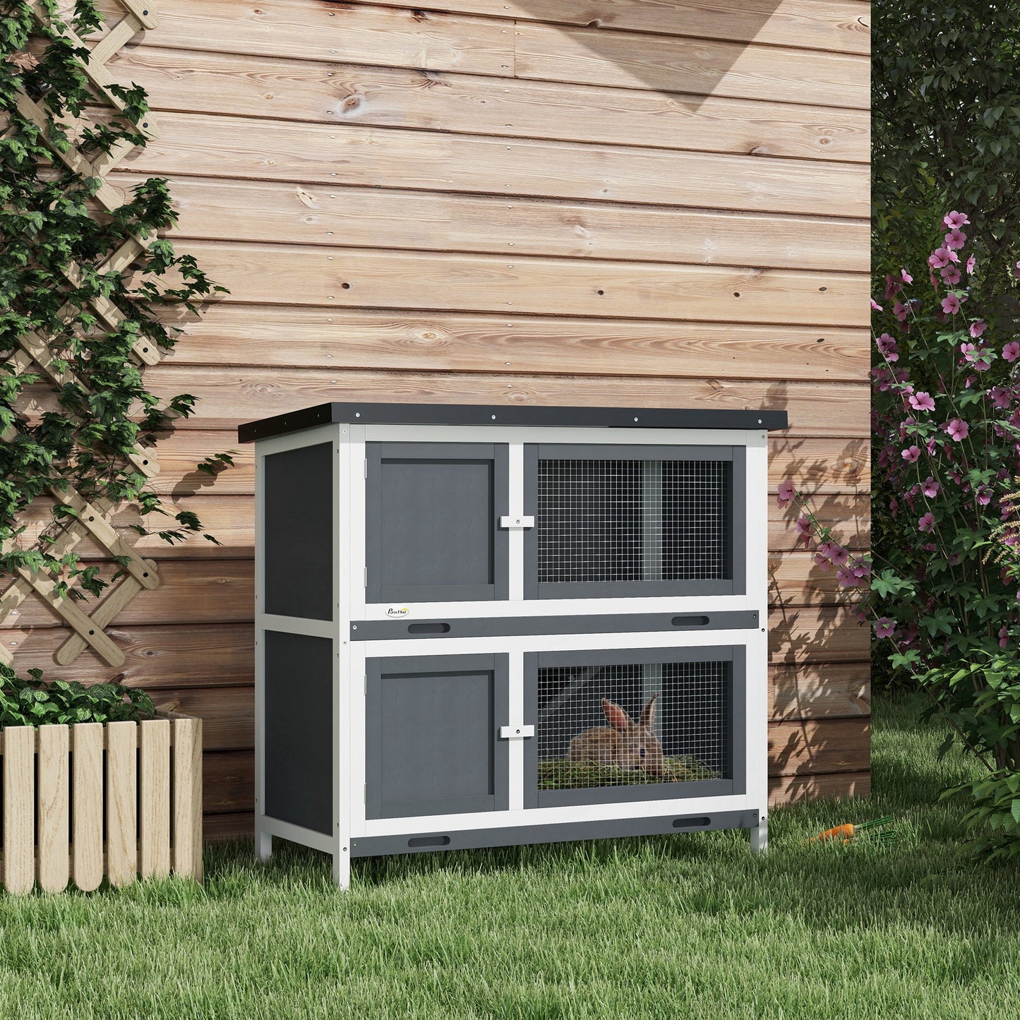 Wood Rabbit Hutch with 2 Large Main House, Ramp, Trays, Grey