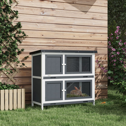 Grey Wood Rabbit Hutch with 2 Main Houses & Ramp