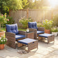 5 Piece Patio Furniture Set, Wicker Patio Chairs with Ottomans, 2-Tier Glass Coffee Table and Cushions, Brown/Dark Blue