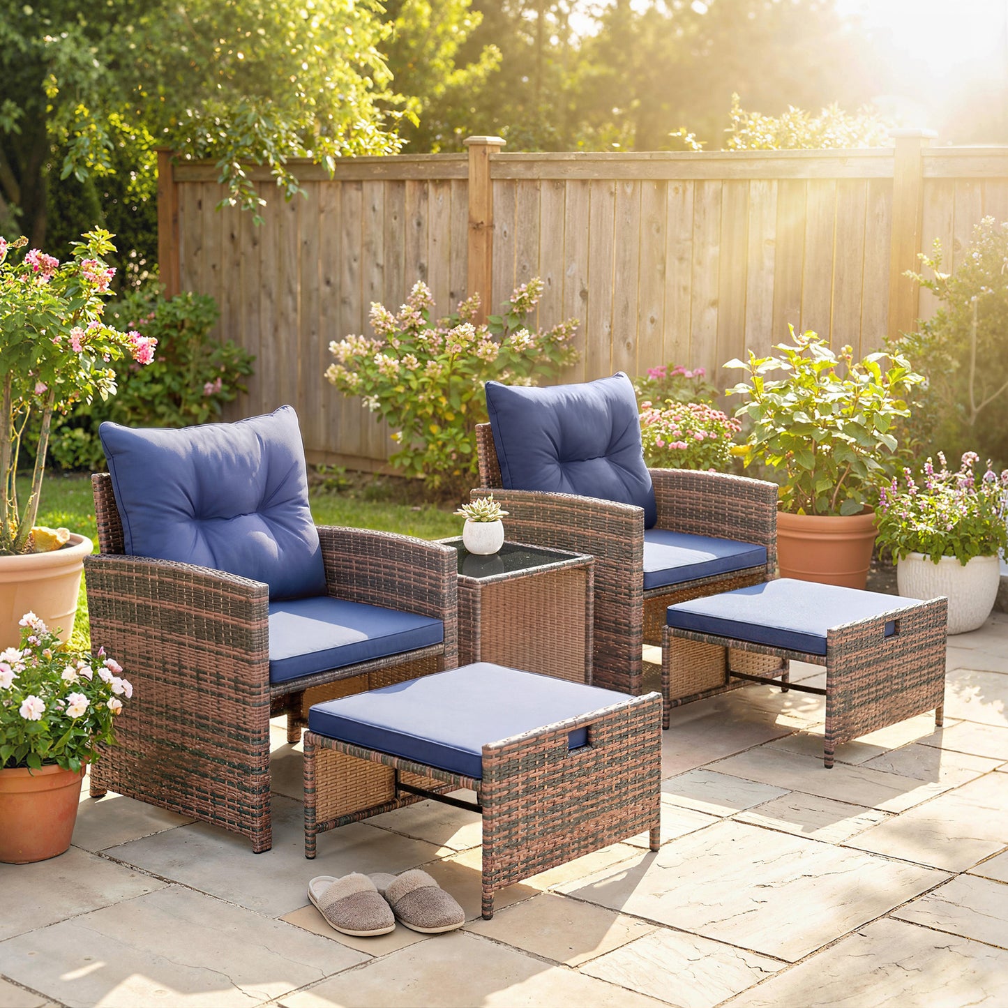 5 Piece Patio Furniture Set, Wicker Patio Chairs with Ottomans, 2-Tier Glass Coffee Table and Cushions, Brown/Dark Blue