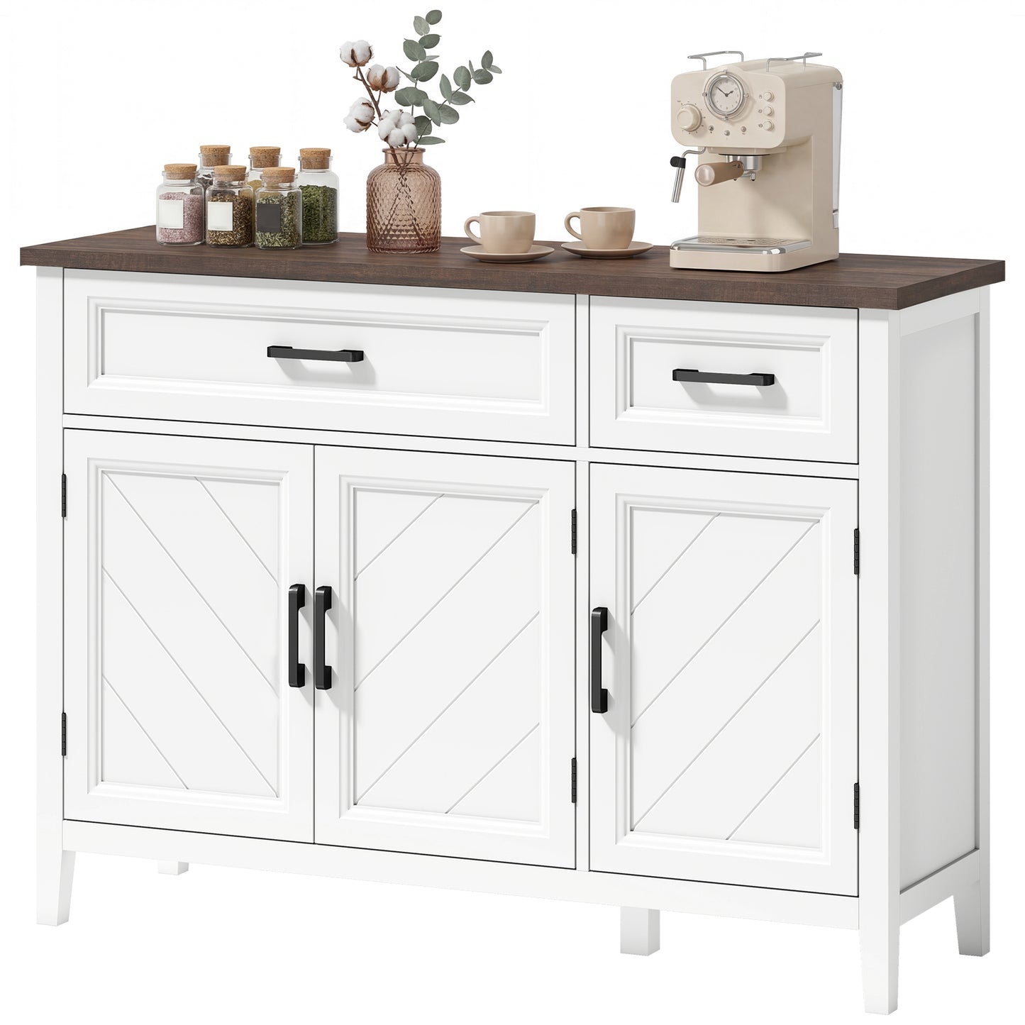 Sideboard Buffet Cabinet, 44" Farmhouse Kitchen Cabinet with 3 Chevron Doors, 2 Drawers and 2 Adjustable Shelves, White