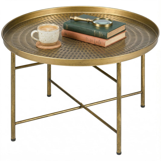24" Round Coffee Table with Hammered Tray Top - Gold
