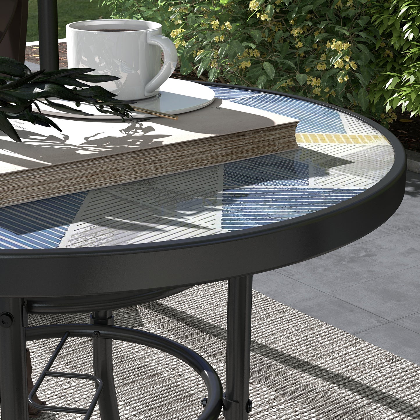 23.6" Round Patio Table, Outdoor Side Table with Glass Printed Top, Multicolour