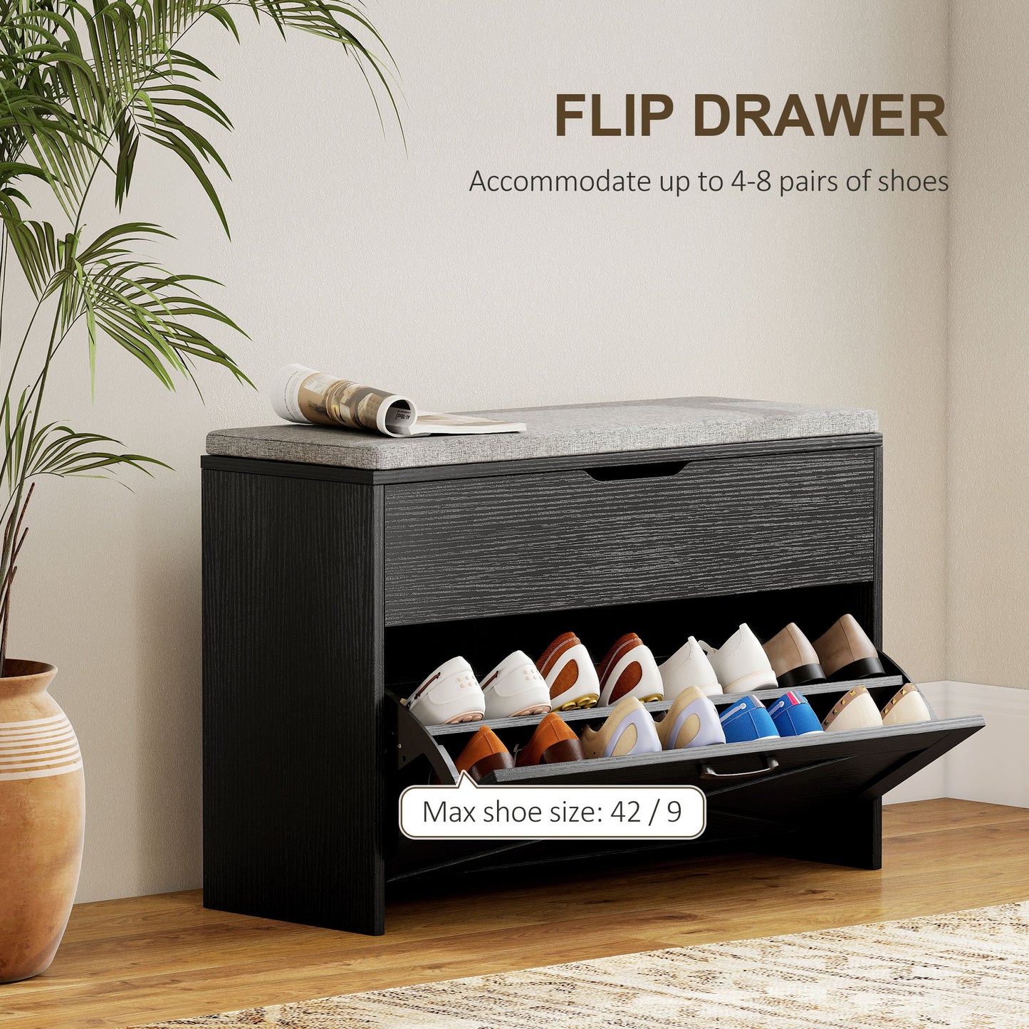 Shoe Storage Bench with Flip Drawer and Lift Top Storage, Entryway Bench with Seat Cushion for Hallway, Black