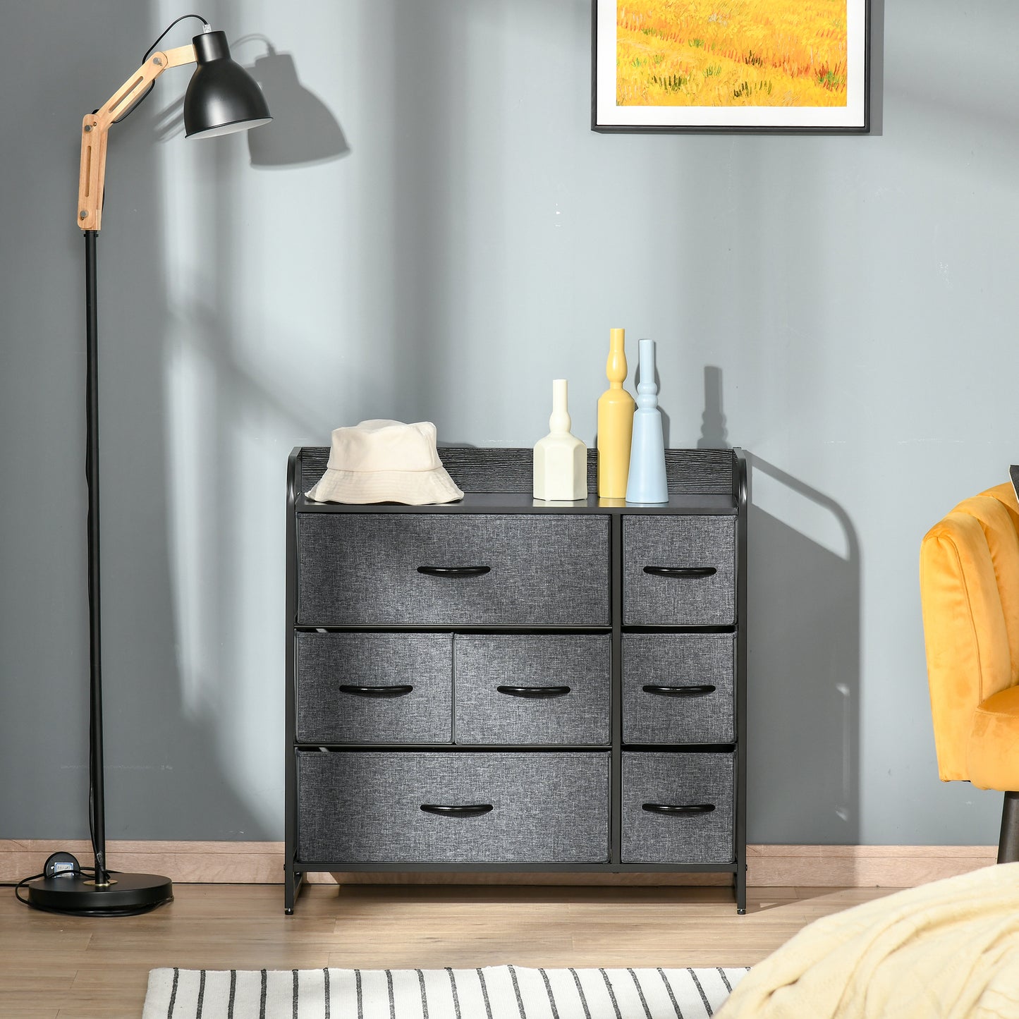 7-Bin Dresser Storage Tower Cabinet Organizer Unit, Easy Pull Fabric Bins with Metal Frame