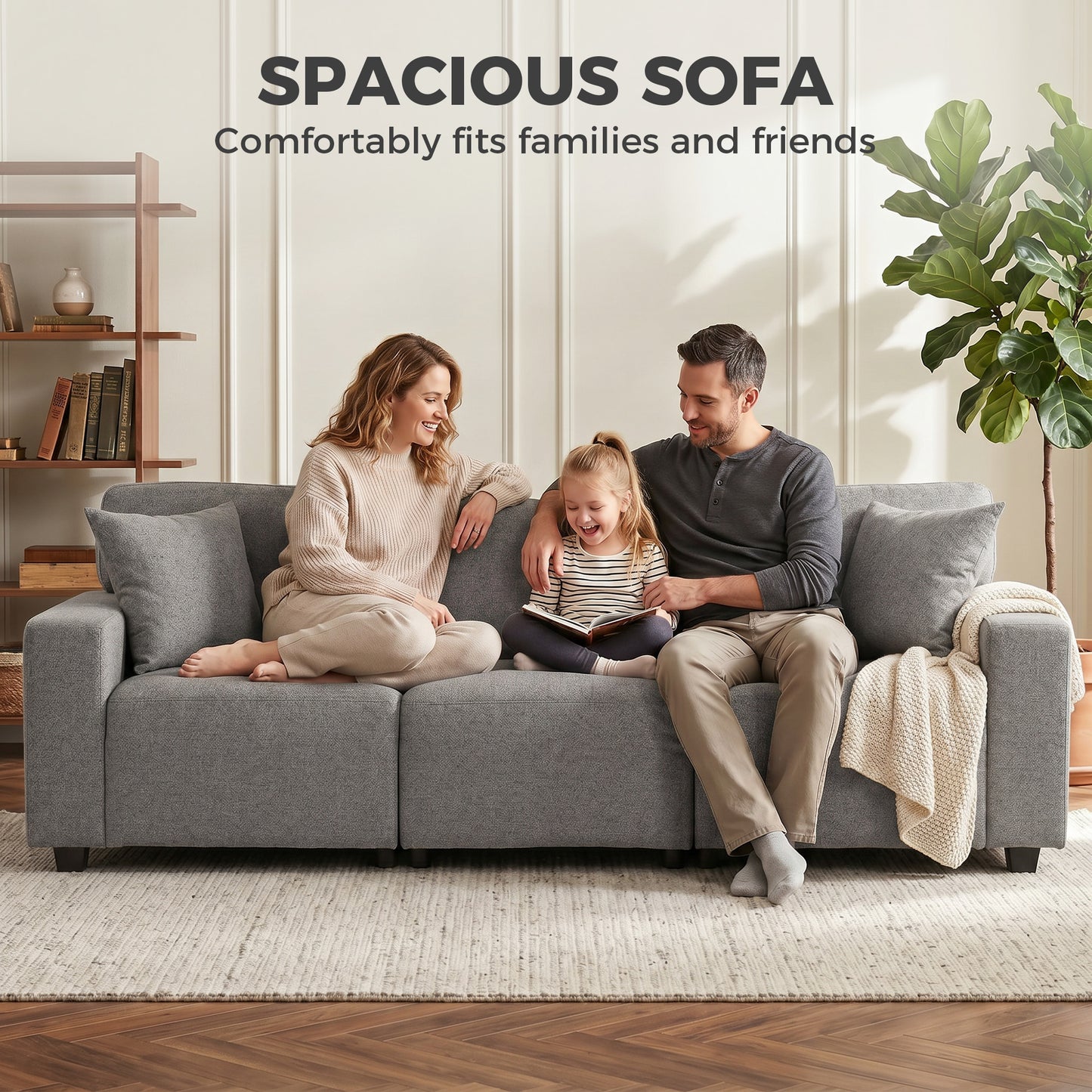 3 Seater Sofa with Storage Pockets, Modern Upholstered Couch with Pocket Springs, Grey