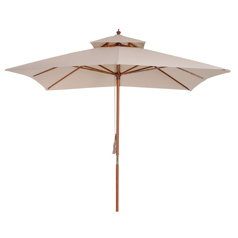 10x10ft Khaki Wood Pagoda-Style Market Umbrella with Pulley