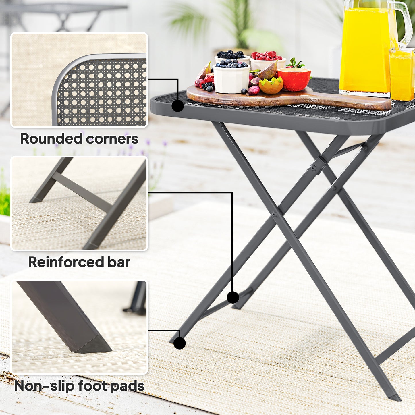 27.5" Square Outdoor Patio Table, Outdoor Folding Table with Grid Rattan-Like Top for Camping, Picnic, Black