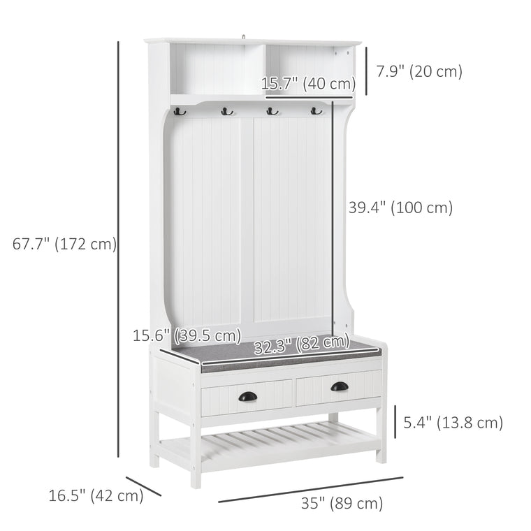 Hall Tree Shoe Bench with 4 Hooks and Drawers - White