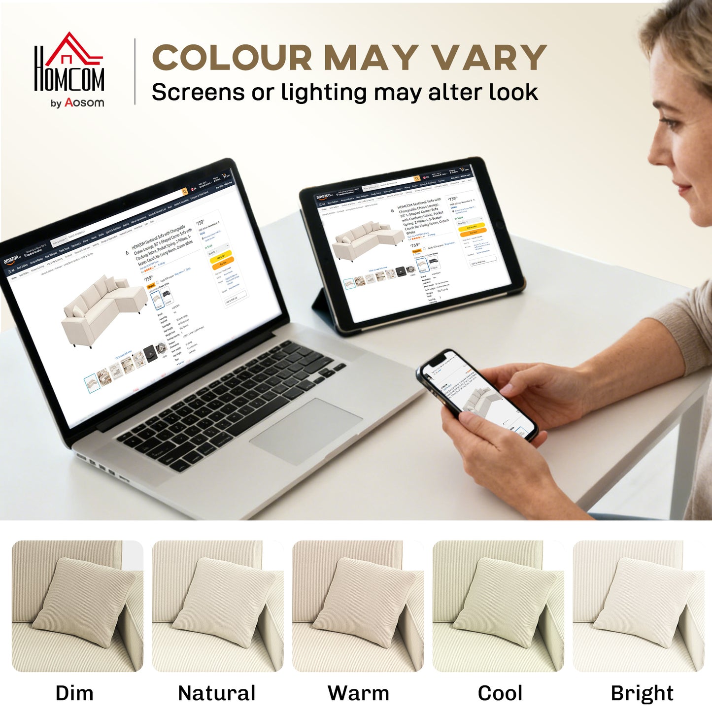 Corduroy L-Shape Corner Sectional Sofa - Cream White