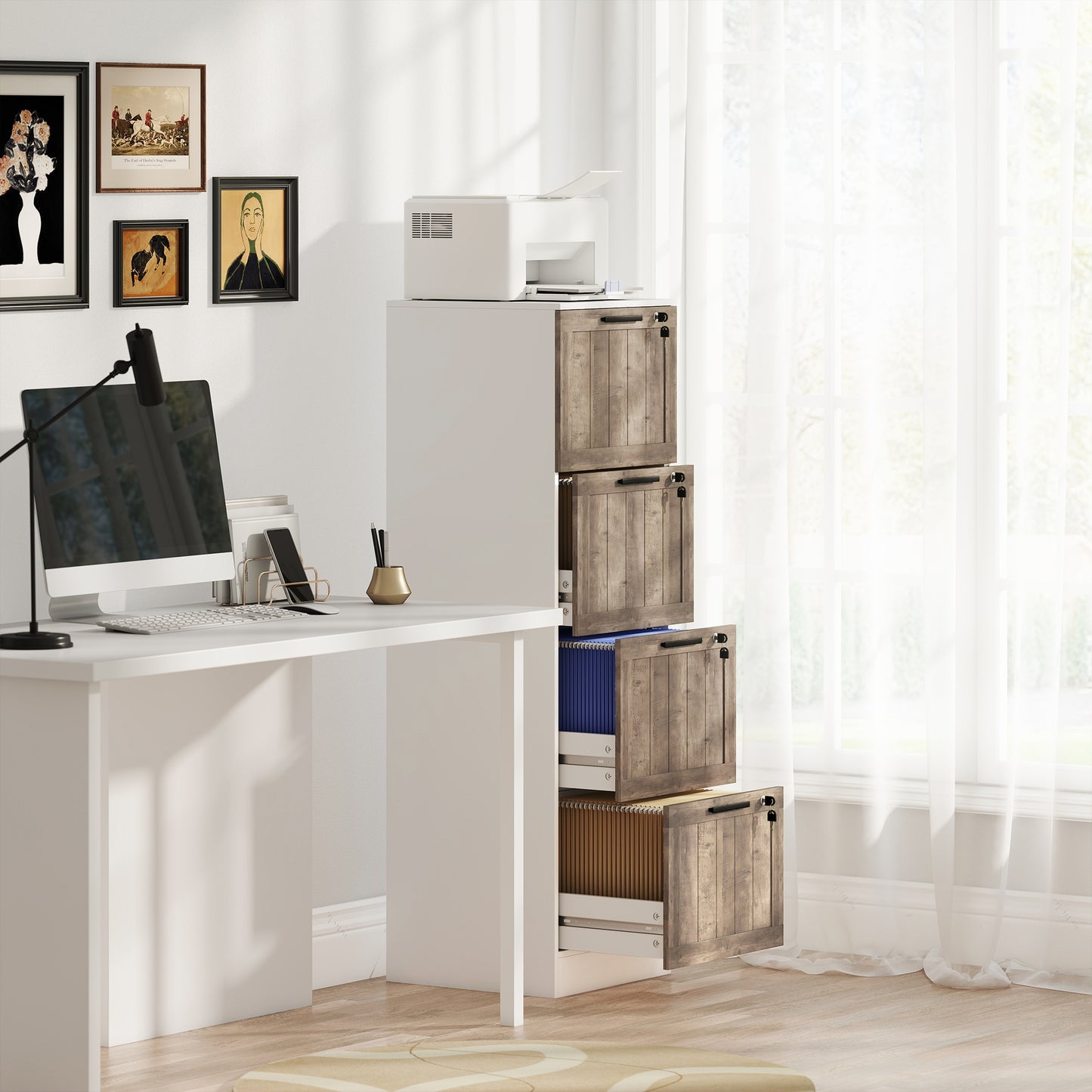 4 Drawer Filing Cabinet, Farmhouse File Cabinet with Lock, Adjustable Hanging Rails for A4 Letter Size Files, White