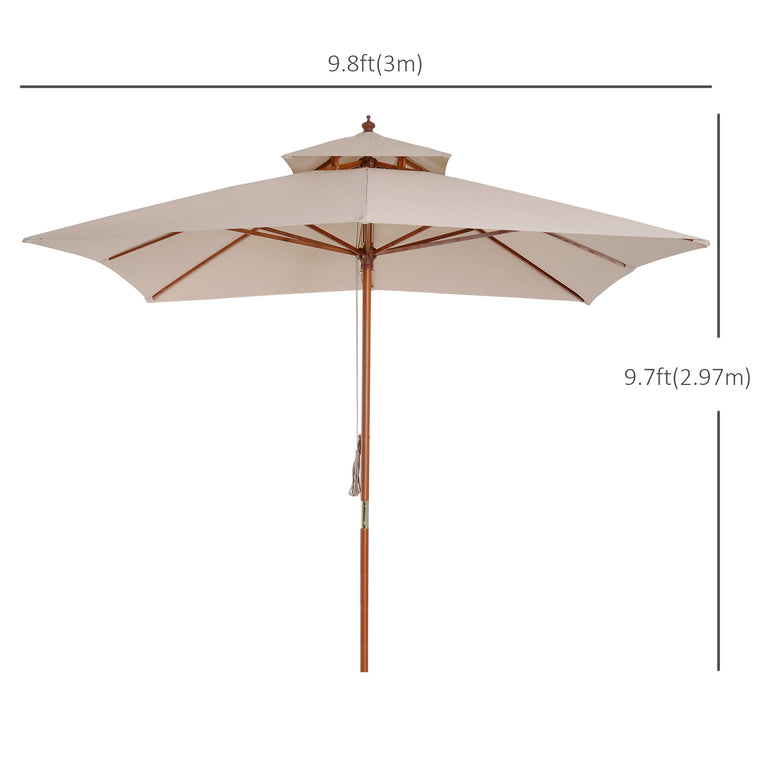 10x10ft Khaki Wood Pagoda-Style Market Umbrella with Pulley