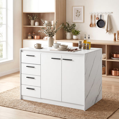 Kitchen Island with 4 Drawers & Faux Marble Top - White