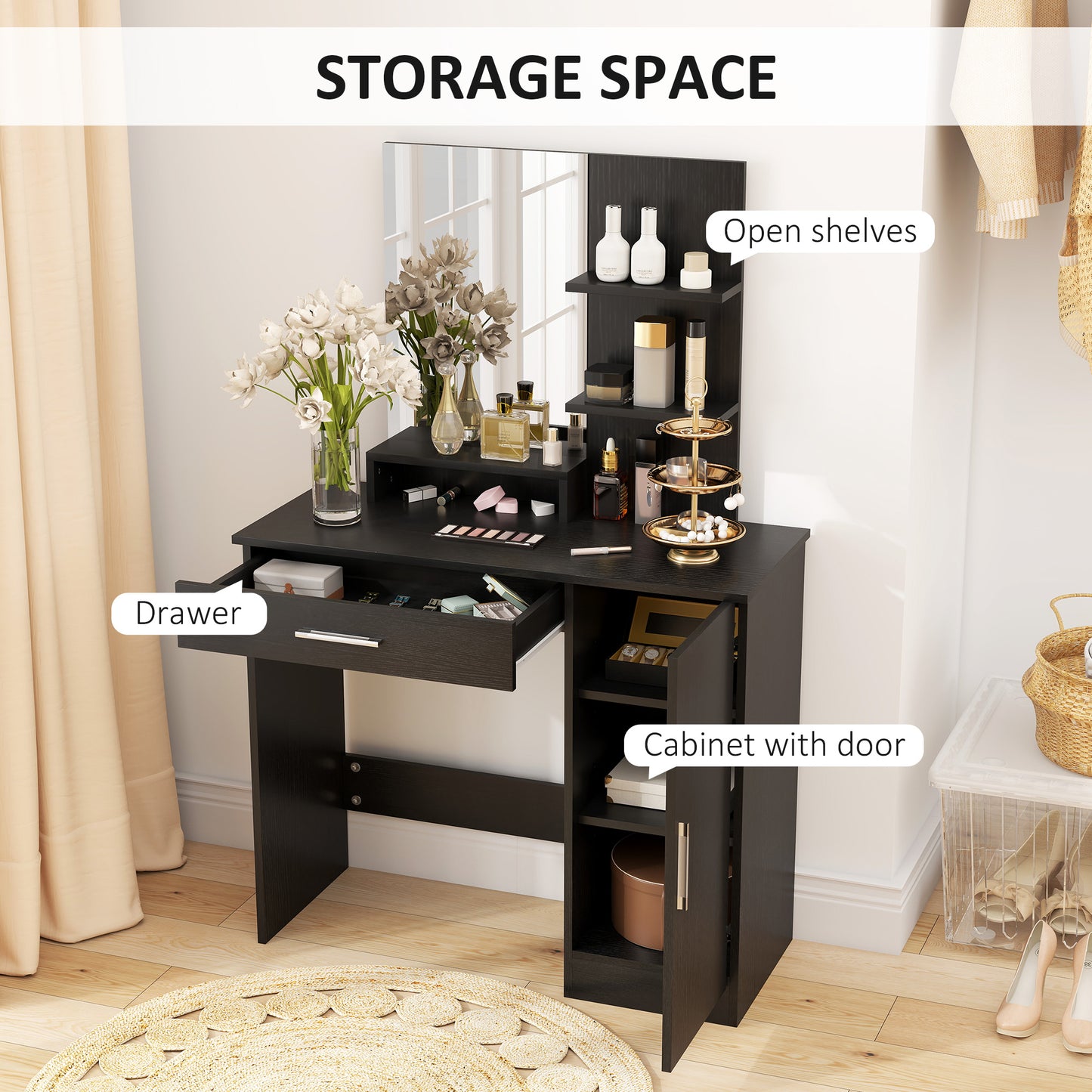 Vanity Desk with Mirror, Makeup Vanity w/ Drawer, Open Compartment and Shelves, Cabinet, Adjustable Shelves for Bedroom