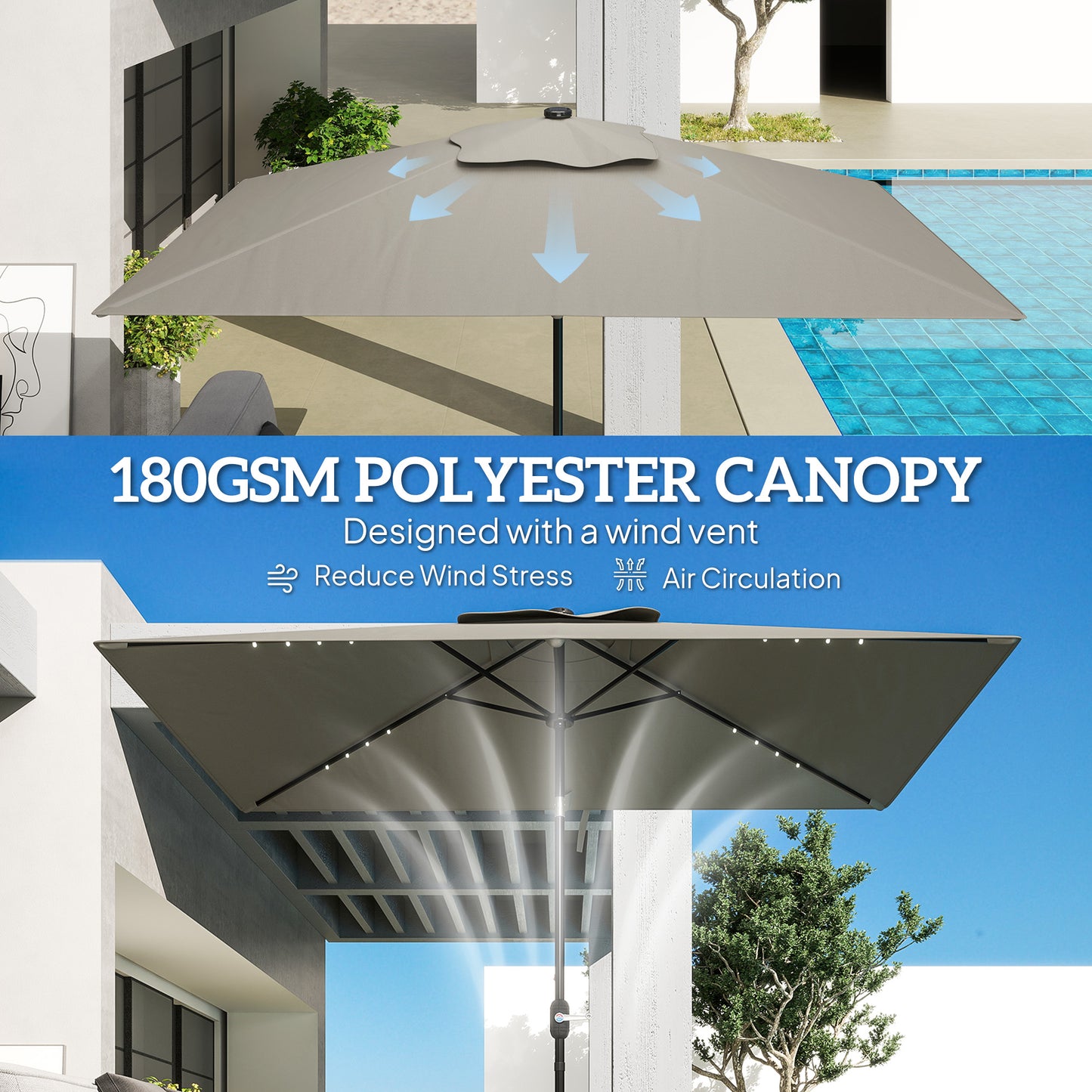 Patio Umbrella with 22 LED Solar Lights and Tilt, Light Grey