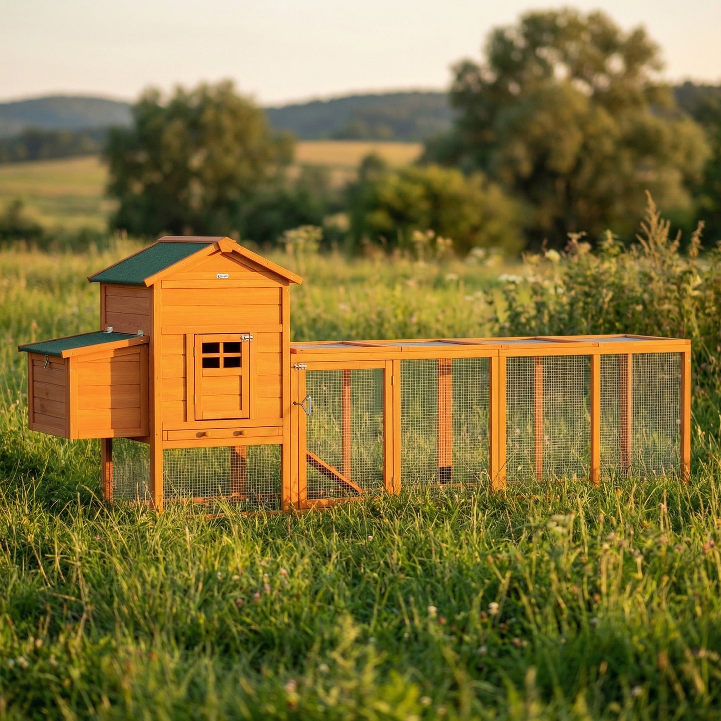 117" Extra Large Chicken Coop with Asphalt Roof, Wooden Hen House with Slide-out Tray, Quail Hutch with Nesting Box, Orange
