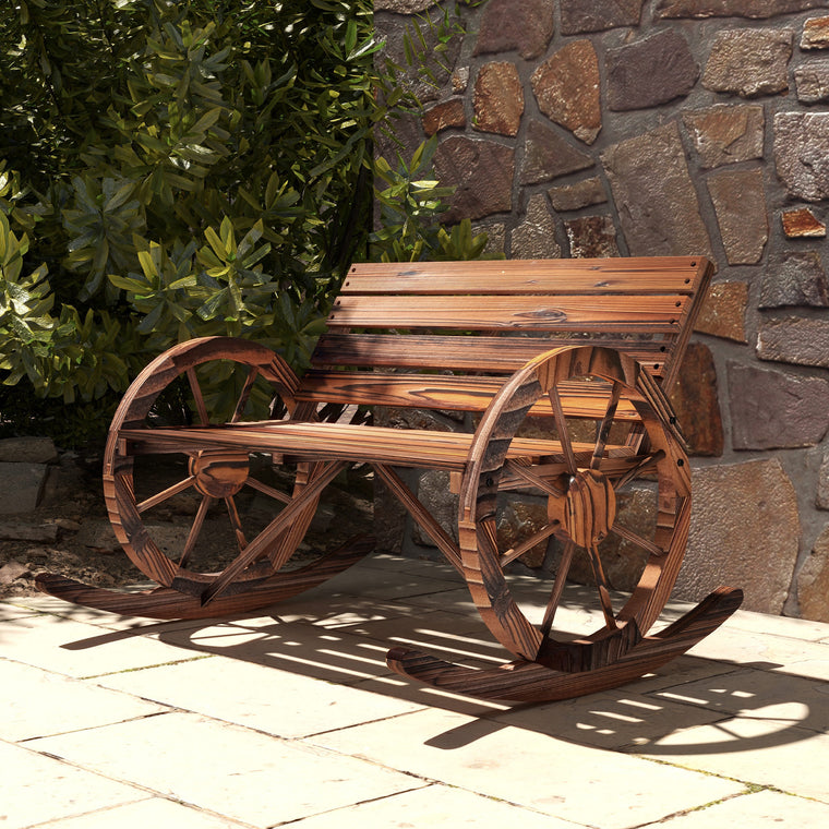 Carbonized Wood Rocking Bench with Wagon Wheel Armrests