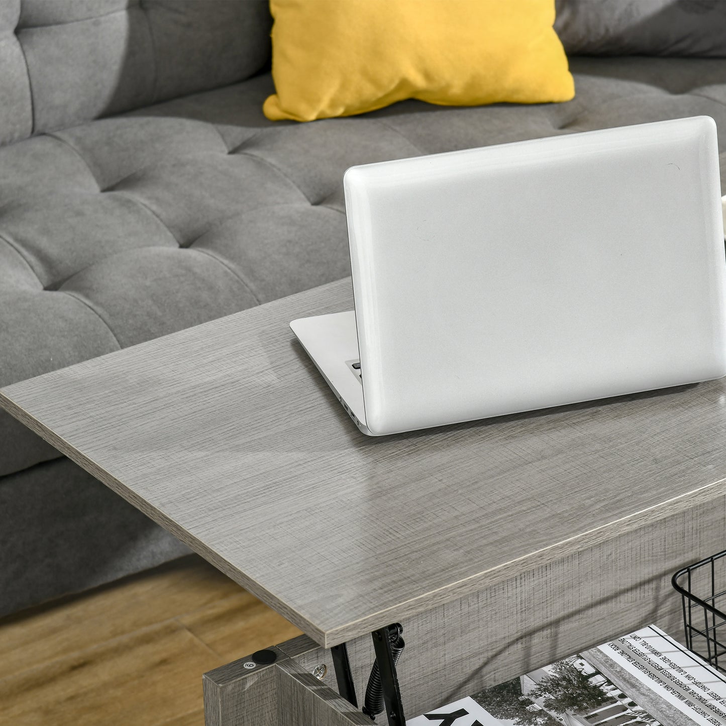 Lift Top Coffee Table with Hidden Storage Compartment and Open Shelves, Lift Tabletop Pop-Up Center Table for Living Room, Light Grey