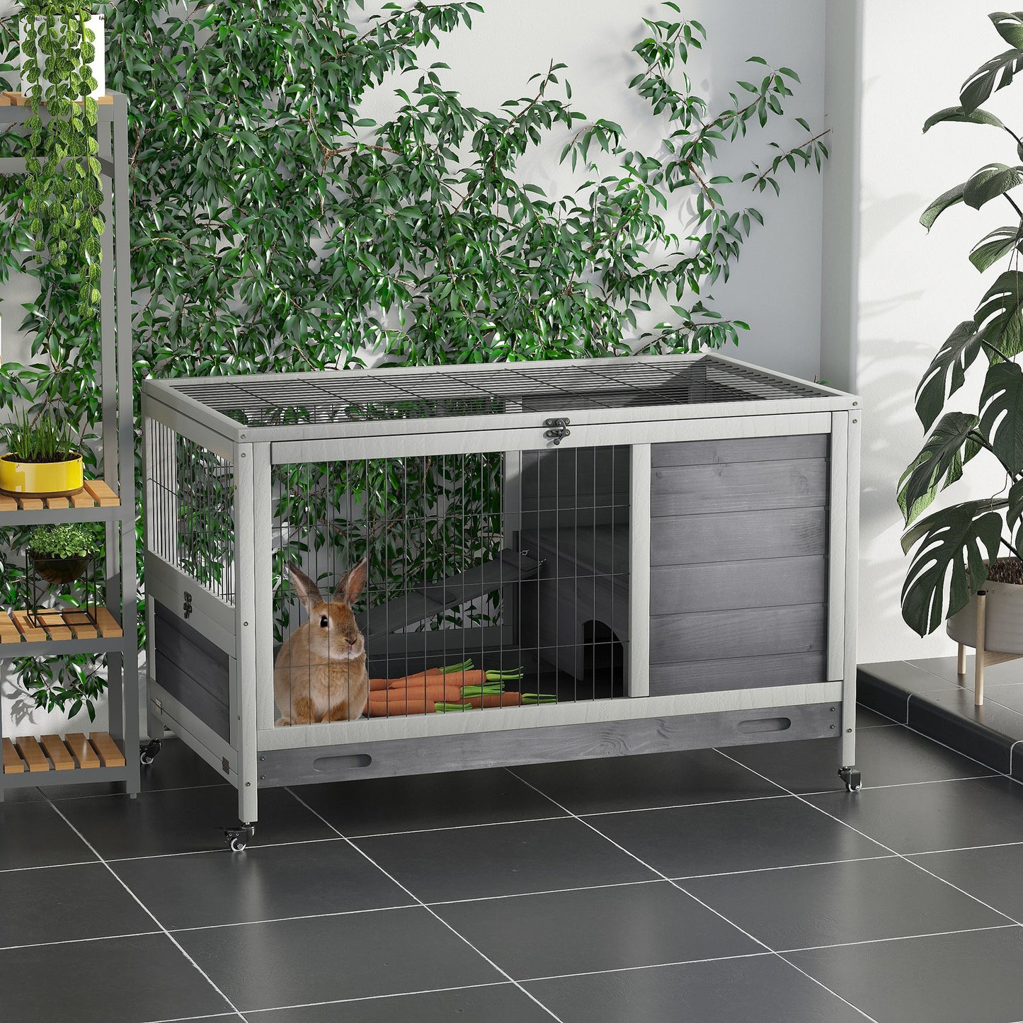 Wooden Indoor Rabbit Hutch Elevated Bunny Cage Habitat with Enclosed Run with Wheels, Suitable for Rabbits and Guinea Pigs, Grey