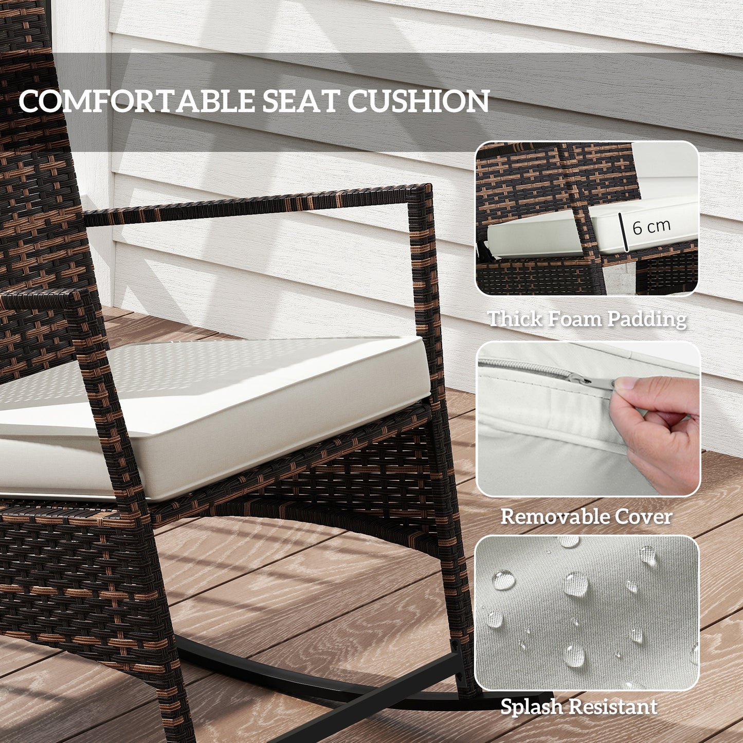 3 Piece Rocking Bistro Set, Wicker Patio Furniture with 3-Level Reclining High Back Rocking Chair and Glass Table, White