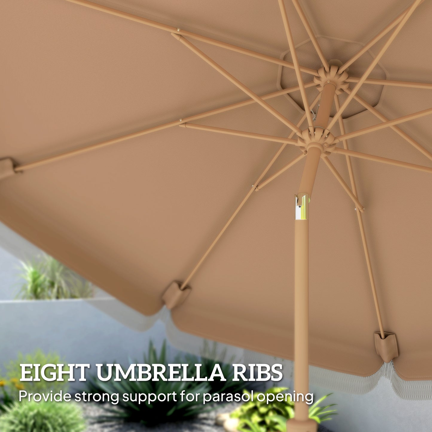 9ft Khaki Fringed Market Table Umbrella with Push Button Tilt