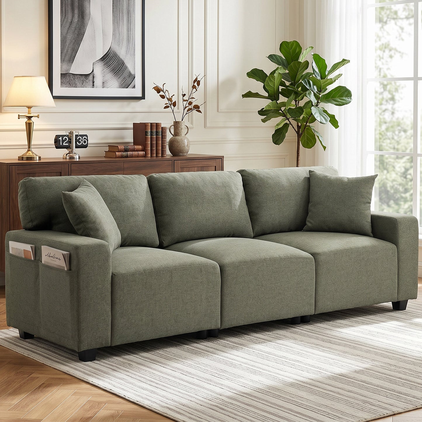 3 Seater Sofa with Storage Pockets, Modern Upholstered Couch with Pocket Springs, Green
